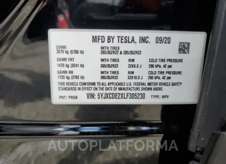 TESLA MODEL X 2020 vin 5YJXCDE2XLF305230 from auto auction Copart