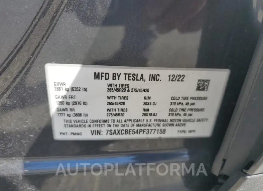 TESLA MODEL X 2023 vin 7SAXCBE54PF377158 from auto auction Copart