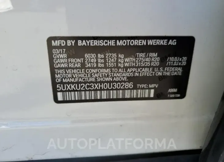 BMW X6 XDRIVE3 2017 vin 5UXKU2C3XH0U30286 from auto auction Copart