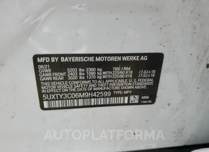 BMW X3 SDRIVE3 2021 vin 5UXTY3C06M9H42599 from auto auction Copart