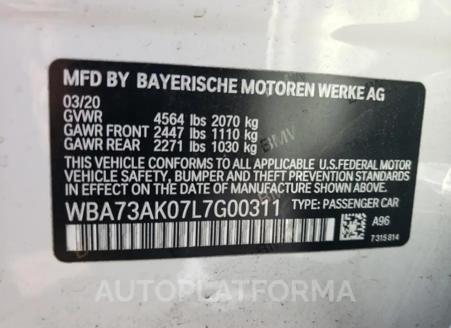 BMW 228XI 2020 vin WBA73AK07L7G00311 from auto auction Copart