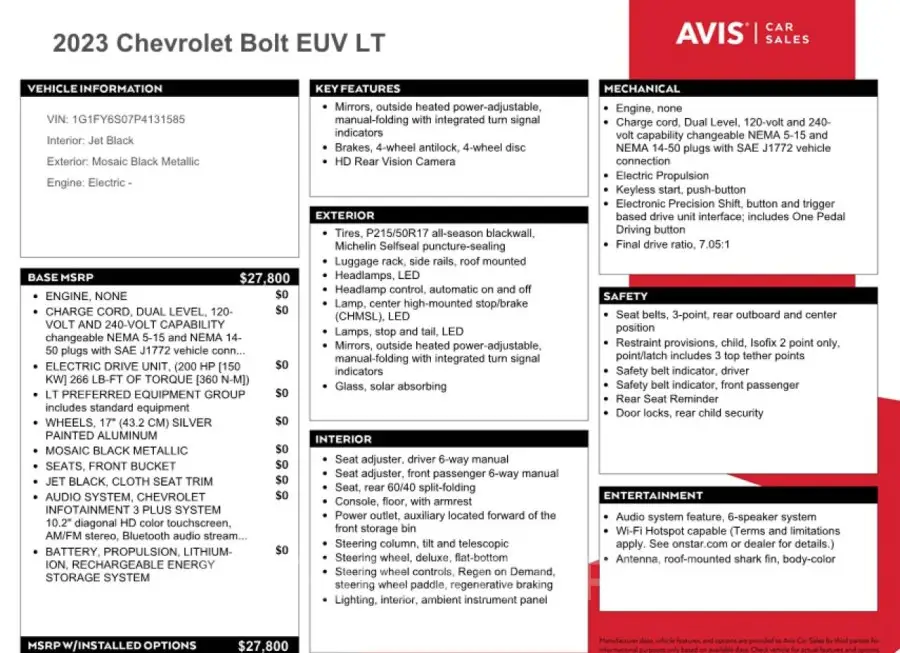 CHEVROLET BOLT EUV L 2023 vin 1G1FY6S07P4131585 from auto auction Copart