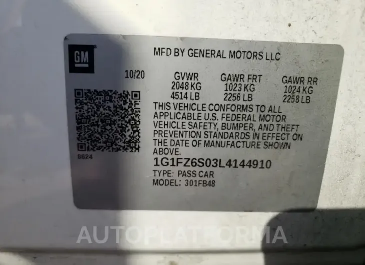 CHEVROLET BOLT EV PR 2020 vin 1G1FZ6S03L4144910 from auto auction Copart