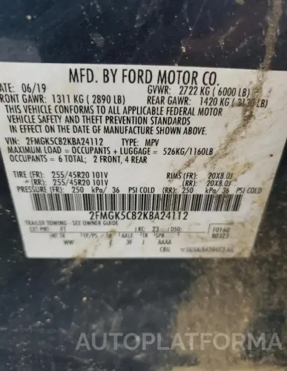 FORD FLEX SEL 2019 vin 2FMGK5C82KBA24112 from auto auction Copart