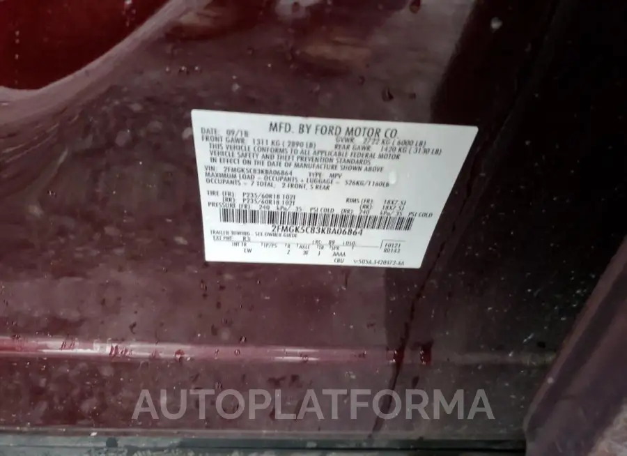 FORD FLEX SEL 2019 vin 2FMGK5C83KBA06864 from auto auction Copart