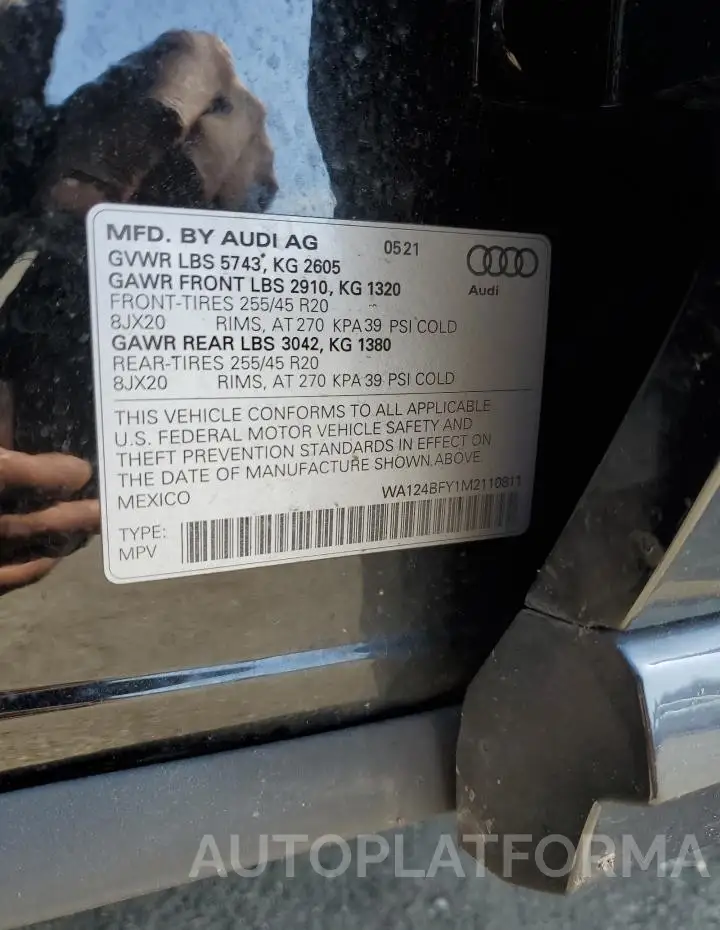 AUDI SQ5 SPORTB 2021 vin WA124BFY1M2110811 from auto auction Copart