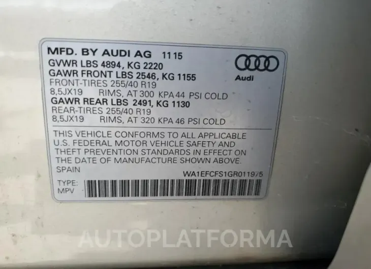 AUDI Q3 PREMIUM 2016 vin WA1EFCFS1GR011975 from auto auction Copart