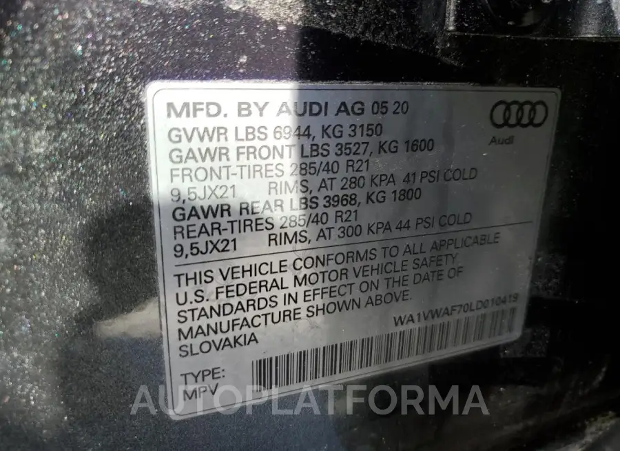 AUDI SQ7 PRESTI 2020 vin WA1VWAF70LD010419 from auto auction Copart