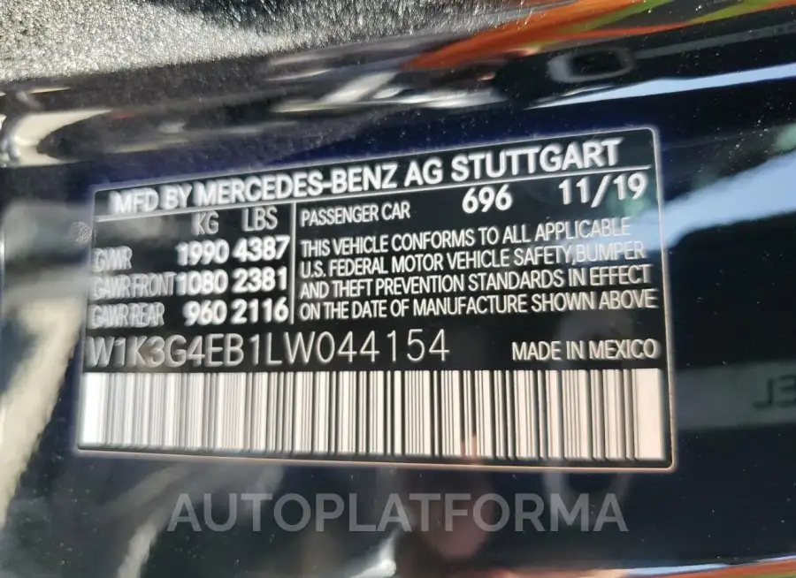 MERCEDES-BENZ A 220 2020 vin W1K3G4EB1LW044154 from auto auction Copart