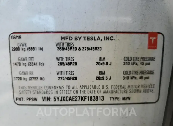 TESLA MODEL X 2019 vin 5YJXCAE27KF183813 from auto auction Copart