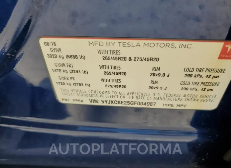 TESLA MODEL X 2016 vin 5YJXCBE25GF004987 from auto auction Copart