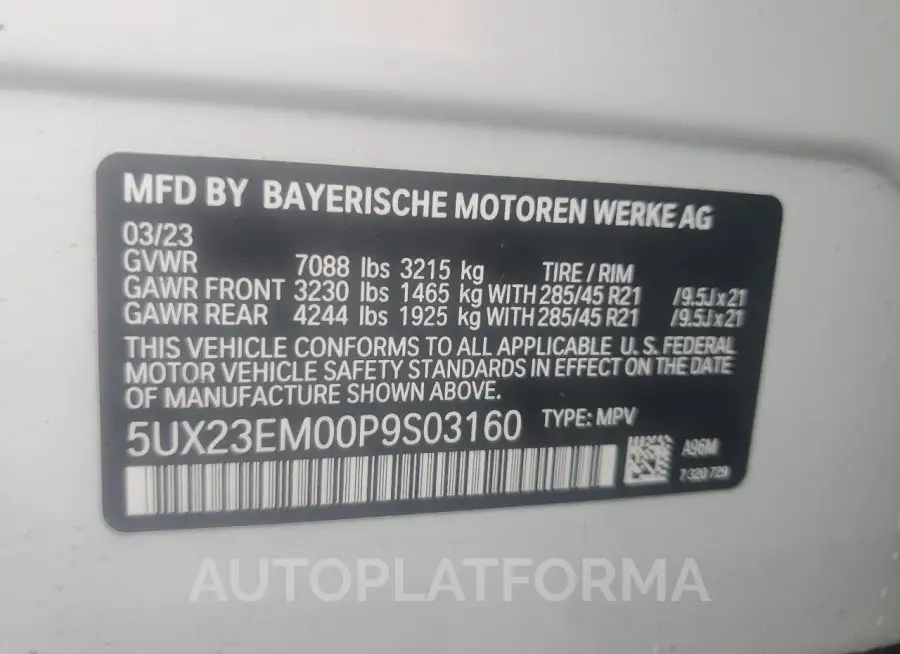 BMW X7 XDRIVE4 2023 vin 5UX23EM00P9S03160 from auto auction Copart