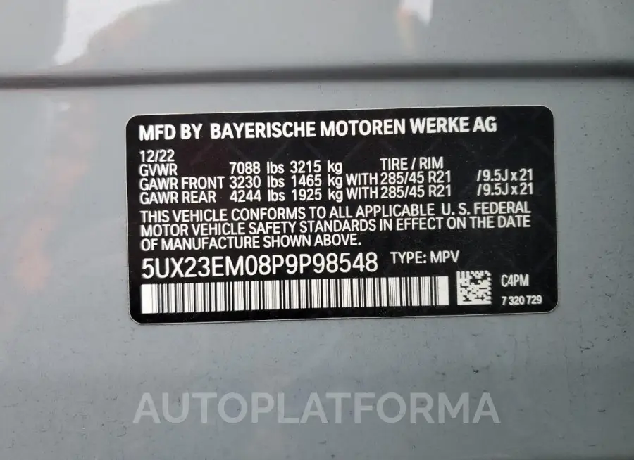 BMW X7 XDRIVE4 2023 vin 5UX23EM08P9P98548 from auto auction Copart