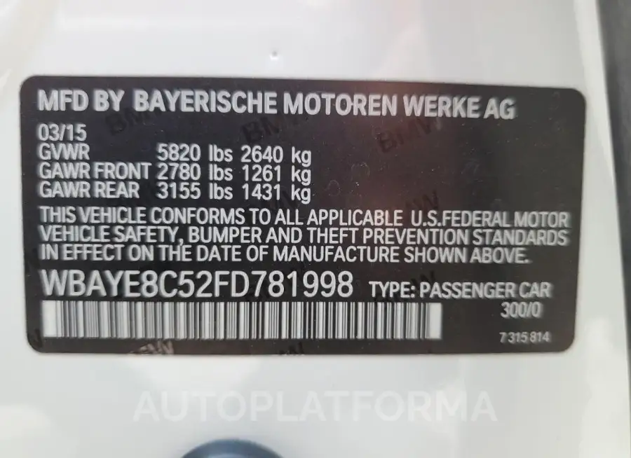 BMW 750 LI 2015 vin WBAYE8C52FD781998 from auto auction Copart