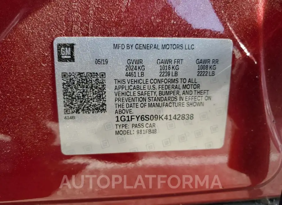 CHEVROLET BOLT EV LT 2019 vin 1G1FY6S09K4142838 from auto auction Copart