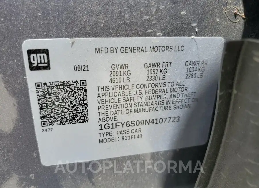 CHEVROLET BOLT EUV L 2022 vin 1G1FY6S09N4107723 from auto auction Copart