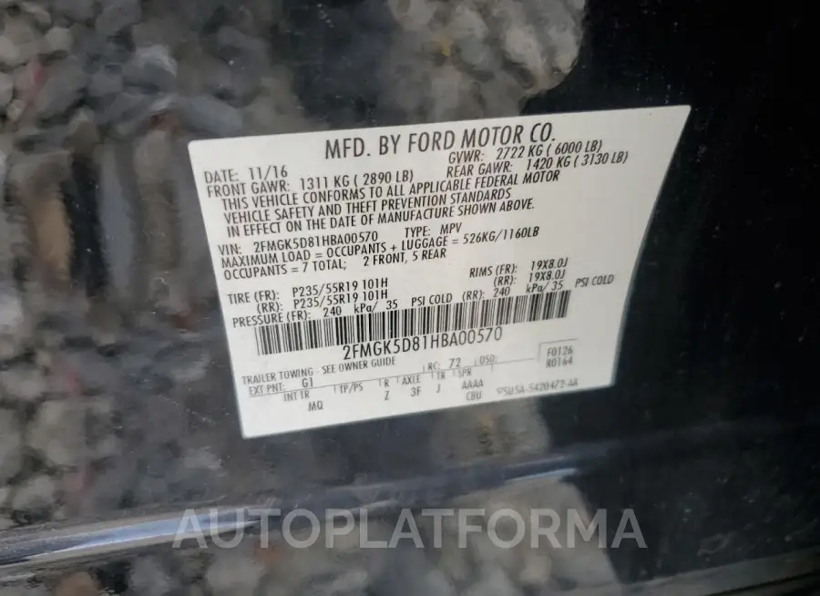 FORD FLEX LIMIT 2017 vin 2FMGK5D81HBA00570 from auto auction Copart