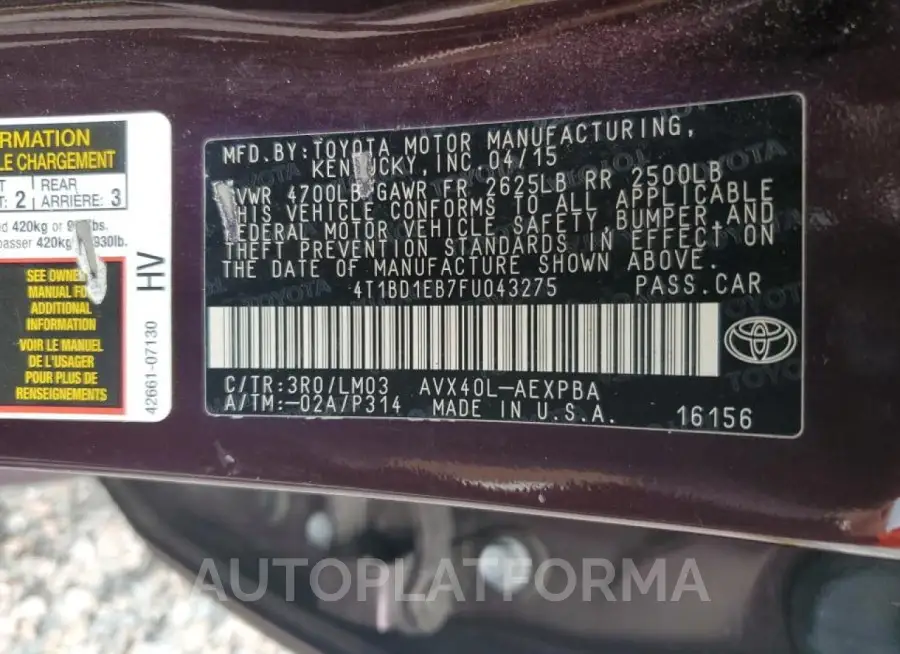 TOYOTA AVALON HYB 2015 vin 4T1BD1EB7FU043275 from auto auction Copart