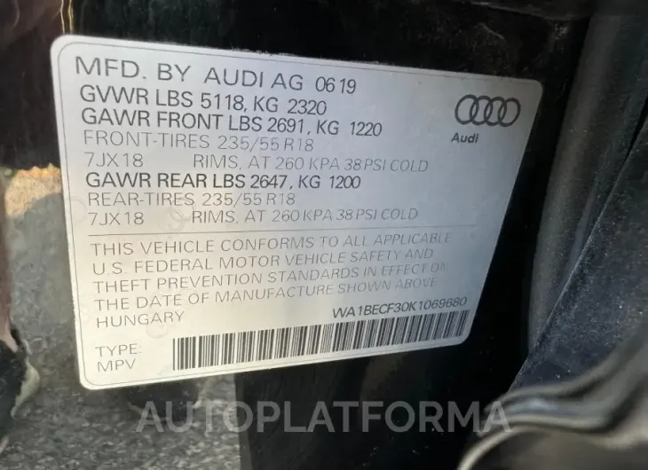 AUDI Q3 PREMIUM 2019 vin WA1BECF30K1069680 from auto auction Copart