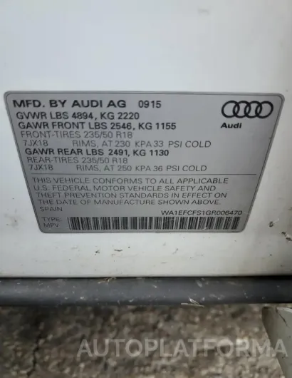 AUDI Q3 PREMIUM 2016 vin WA1EFCFS1GR006470 from auto auction Copart