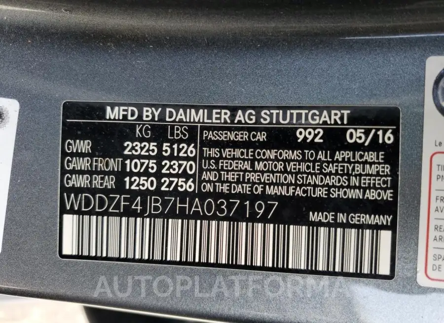 MERCEDES-BENZ E 300 2017 vin WDDZF4JB7HA037197 from auto auction Copart