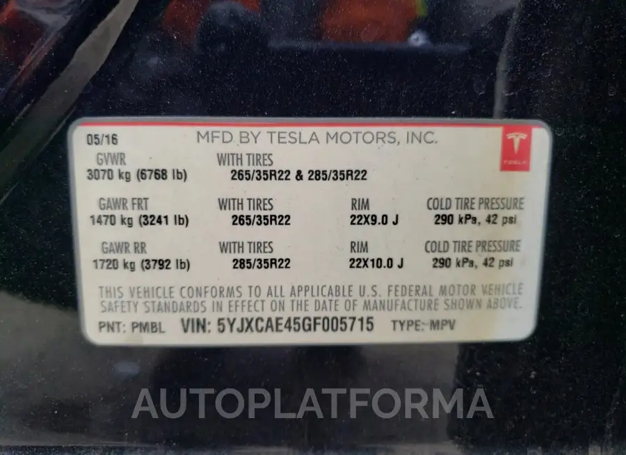 TESLA MODEL X 2016 vin 5YJXCAE45GF005715 from auto auction Copart