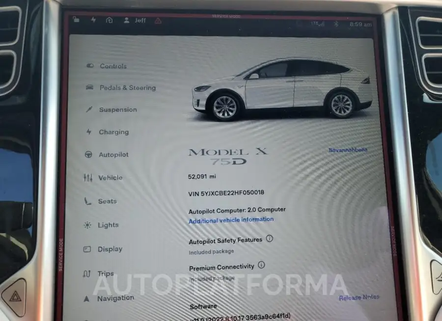 TESLA MODEL X 2017 vin 5YJXCBE22HF050018 from auto auction Copart