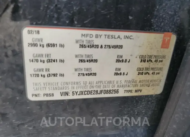 TESLA MODEL X 2018 vin 5YJXCDE28JF088256 from auto auction Copart