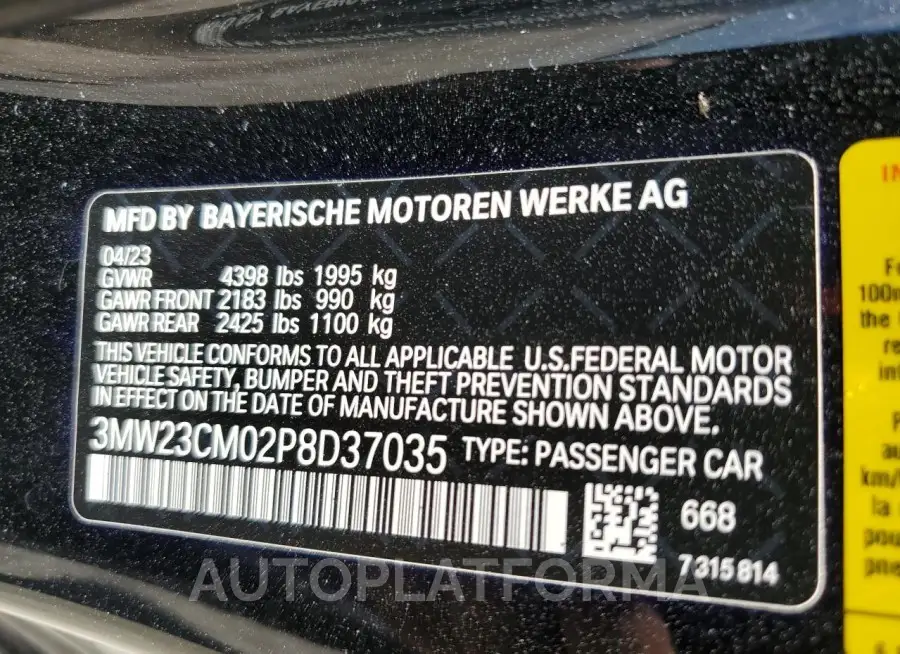 BMW 230I 2023 vin 3MW23CM02P8D37035 from auto auction Copart