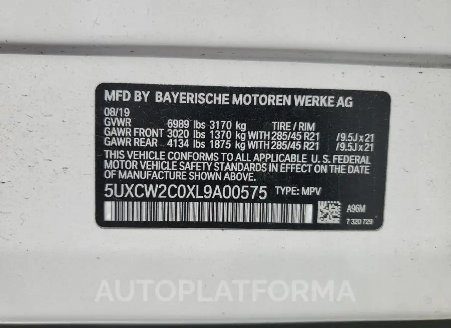 BMW X7 XDRIVE4 2020 vin 5UXCW2C0XL9A00575 from auto auction Copart