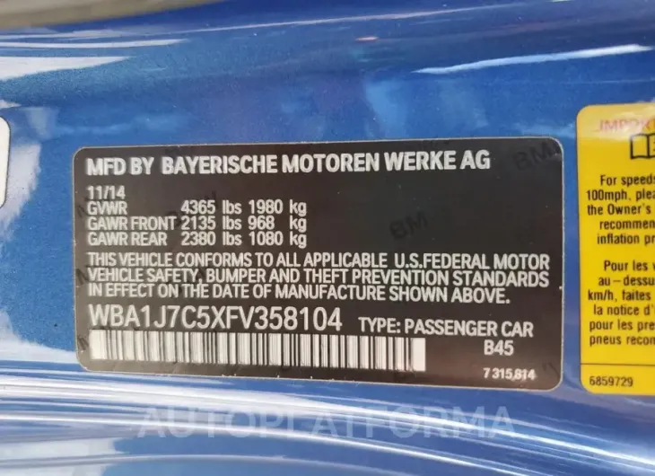 BMW M235I 2015 vin WBA1J7C5XFV358104 from auto auction Copart