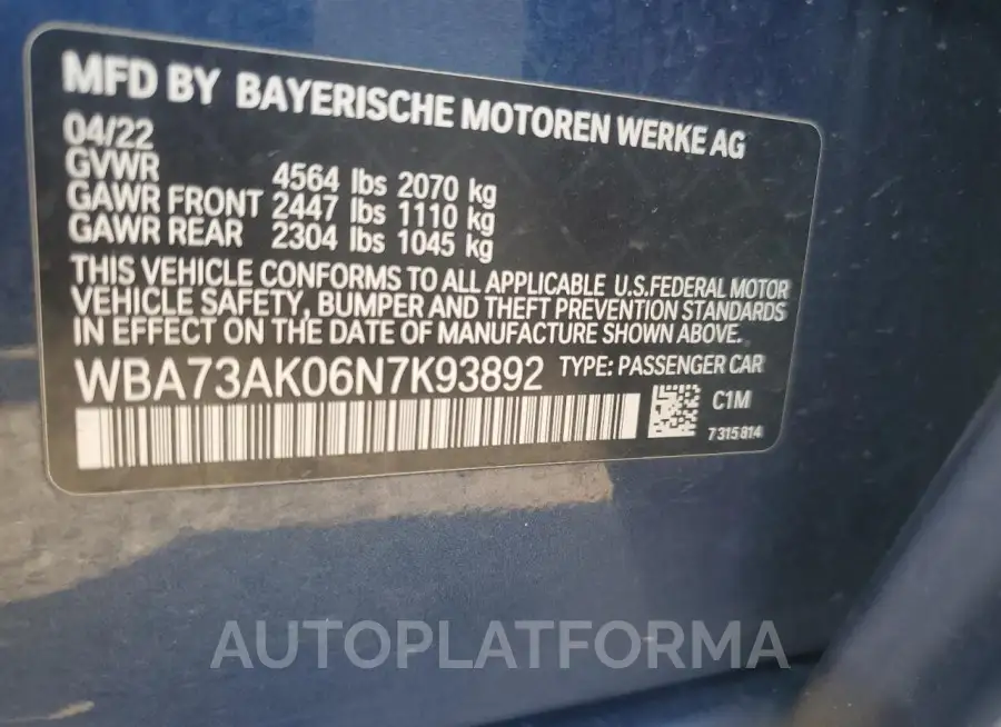 BMW 228XI 2022 vin WBA73AK06N7K93892 from auto auction Copart