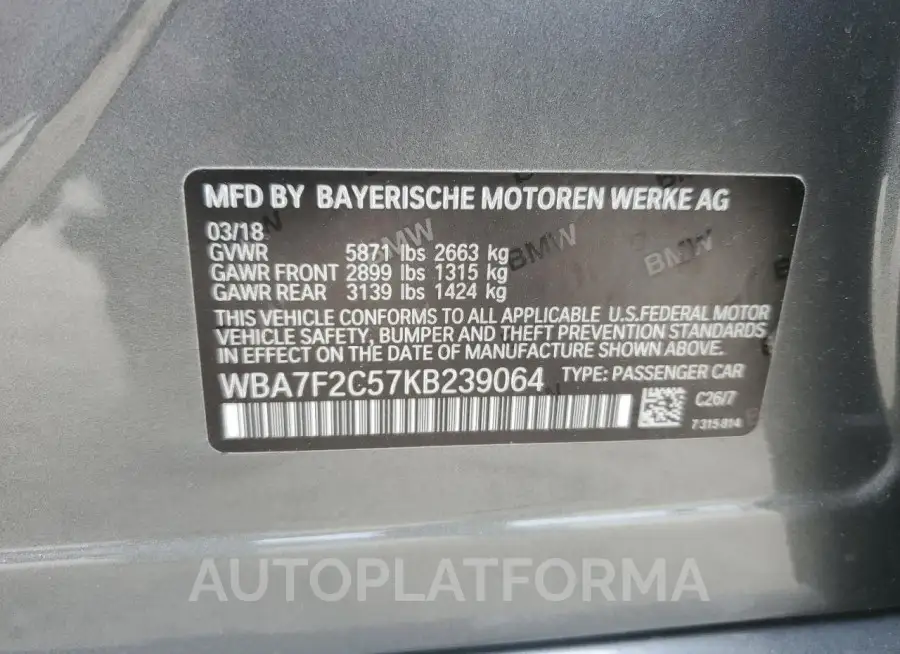 BMW ALPINA B7 2019 vin WBA7F2C57KB239064 from auto auction Copart