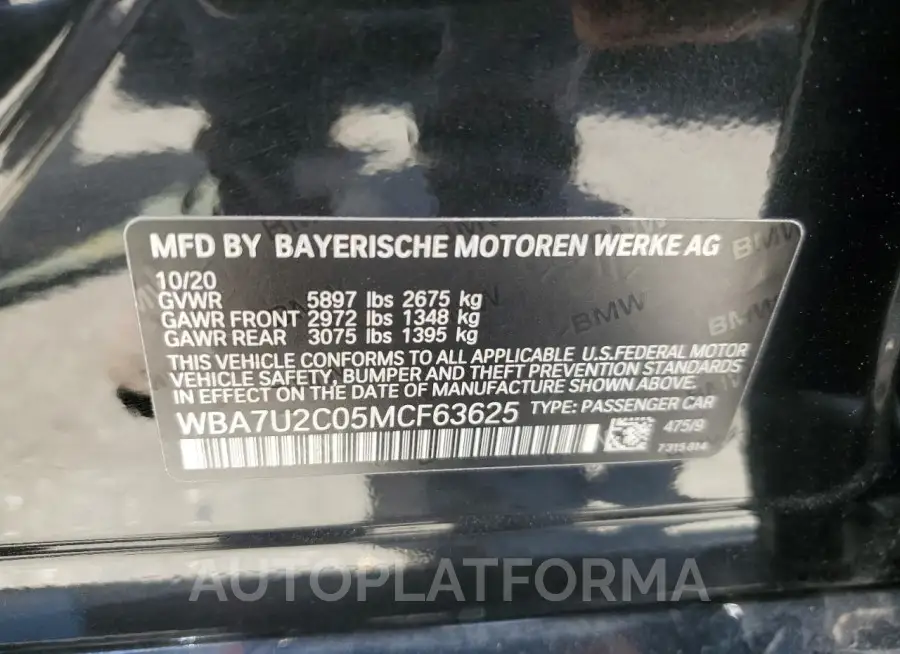 BMW 750 XI 2021 vin WBA7U2C05MCF63625 from auto auction Copart