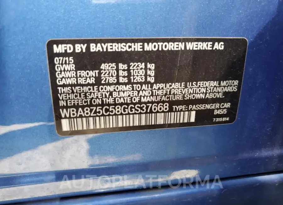 BMW 328 XIGT S 2016 vin WBA8Z5C58GGS37668 from auto auction Copart