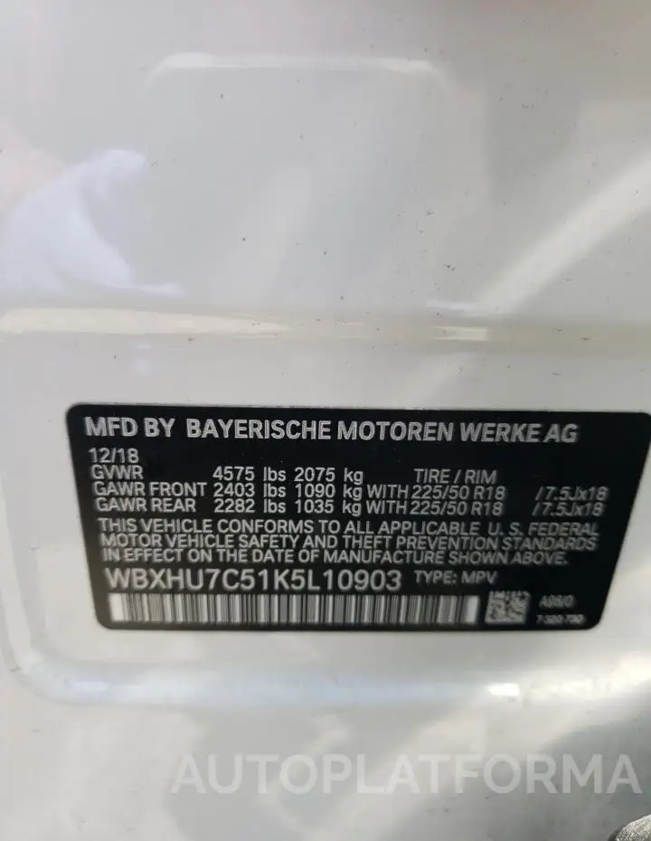 BMW X1 SDRIVE2 2019 vin WBXHU7C51K5L10903 from auto auction Copart