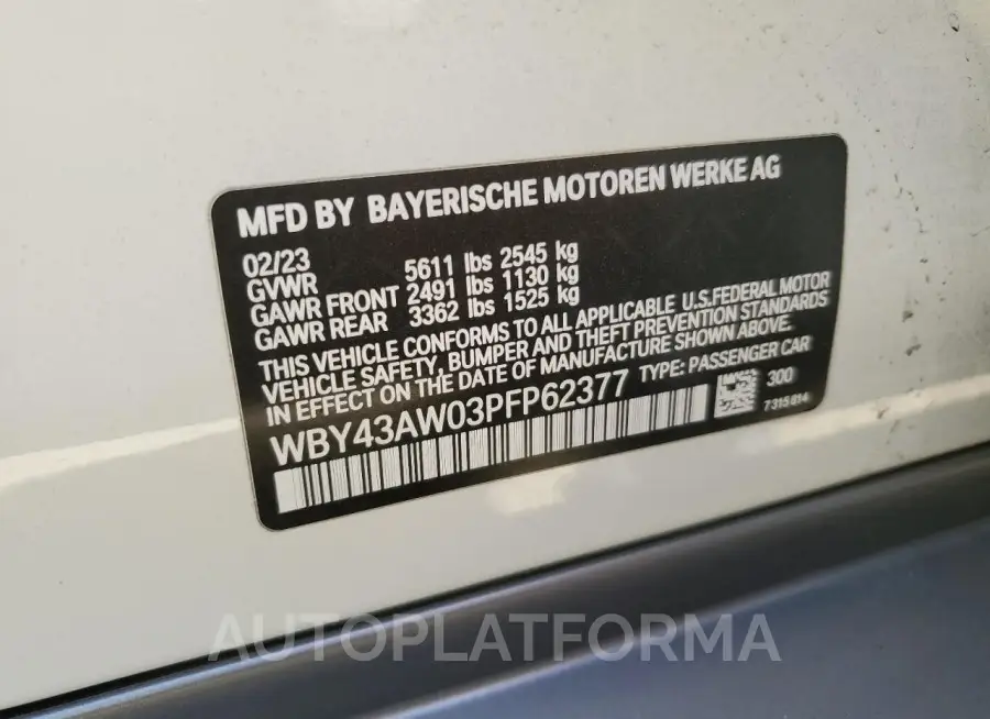 BMW I4 EDRIVE 2023 vin WBY43AW03PFP62377 from auto auction Copart