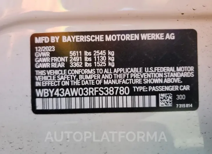 BMW I4 EDRIVE 2024 vin WBY43AW03RFS38780 from auto auction Copart