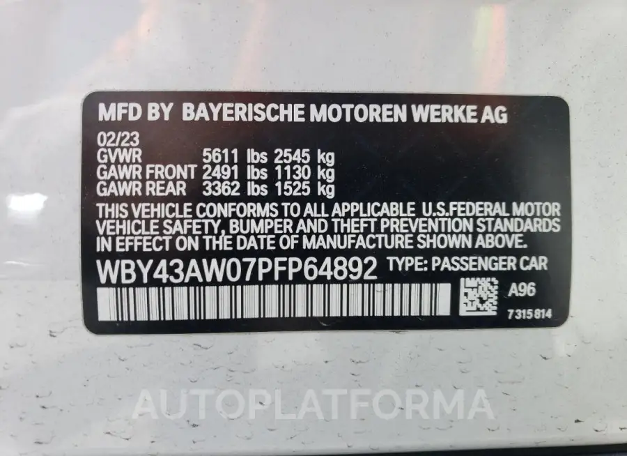 BMW I4 EDRIVE 2023 vin WBY43AW07PFP64892 from auto auction Copart