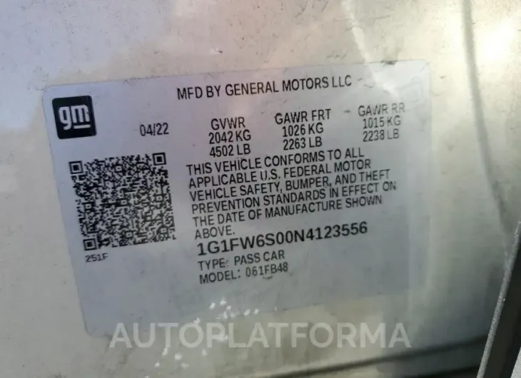 CHEVROLET BOLT EV 1L 2022 vin 1G1FW6S00N4123556 from auto auction Copart