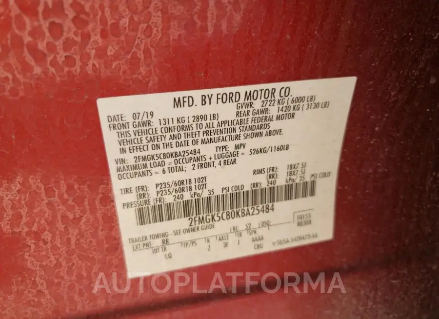 FORD FLEX SEL 2019 vin 2FMGK5C80KBA25484 from auto auction Copart