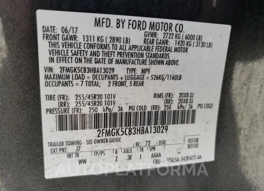 FORD FLEX SEL 2017 vin 2FMGK5C83HBA13029 from auto auction Copart