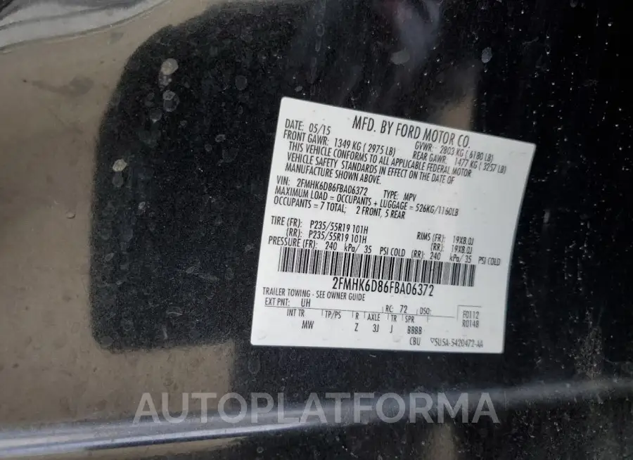 FORD FLEX LIMIT 2015 vin 2FMHK6D86FBA06372 from auto auction Copart