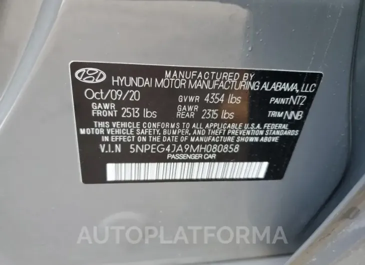 HYUNDAI SONATA 2021 vin 5NPEG4JA9MH080858 from auto auction Copart