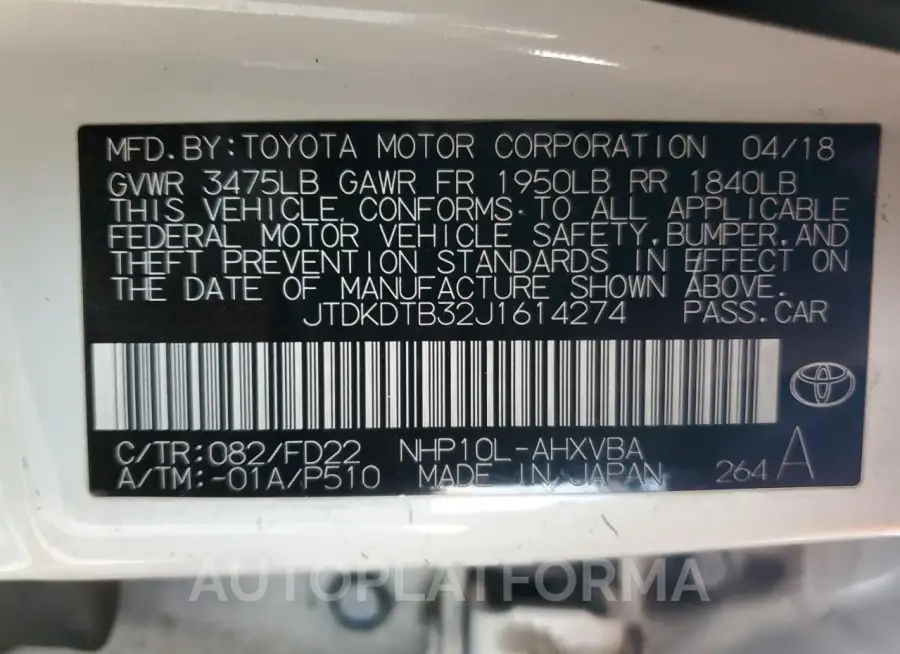 TOYOTA Prius c 2018 vin JTDKDTB32J1614274 from auto auction Copart