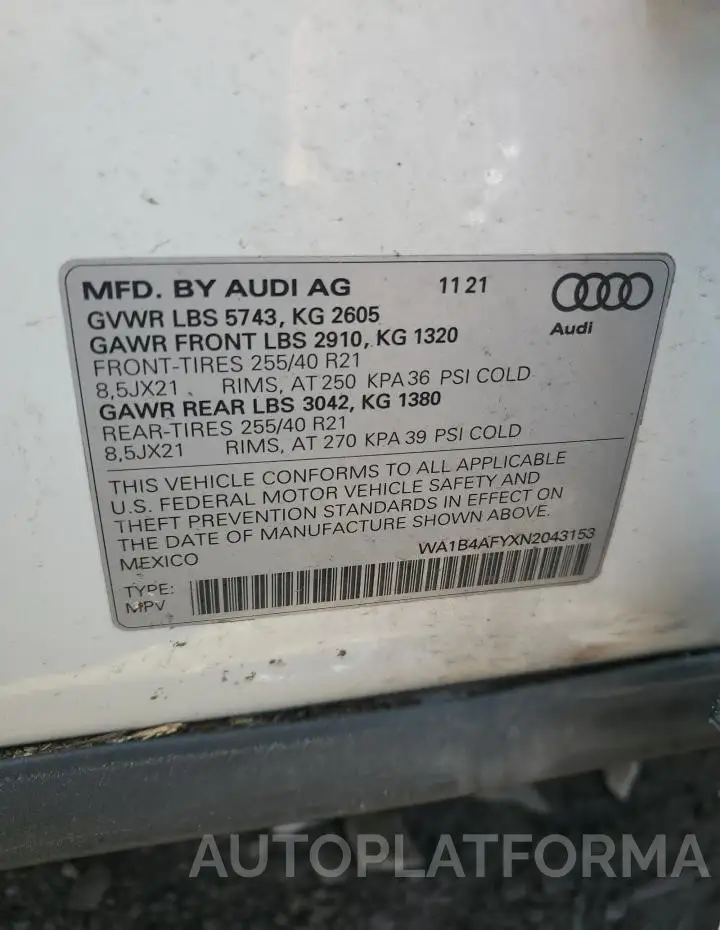 AUDI SQ5 PREMIU 2022 vin WA1B4AFYXN2043153 from auto auction Copart