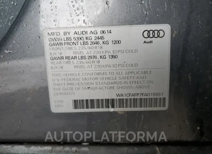 AUDI Q5 PREMIUM 2015 vin WA1CFAFP7FA015551 from auto auction Copart