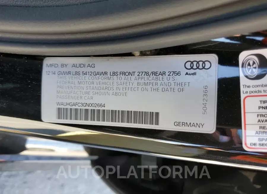 AUDI A6 PRESTIG 2016 vin WAUHGAFC3GN002664 from auto auction Copart