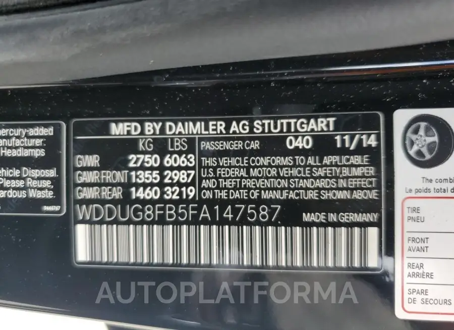 MERCEDES-BENZ S 550 4MAT 2015 vin WDDUG8FB5FA147587 from auto auction Copart