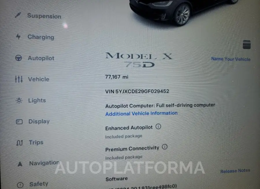 TESLA MODEL X 2016 vin 5YJXCDE29GF029452 from auto auction Copart